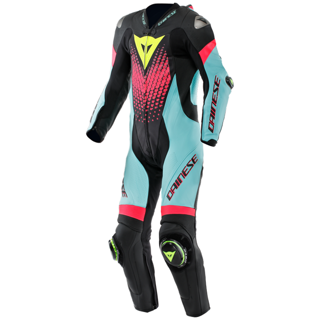 Dainese Laguna Seca 6 Einteiler Lederkombi – Perforierter Rennanzug | Herren | Türkis/Pink/Neon Gelb