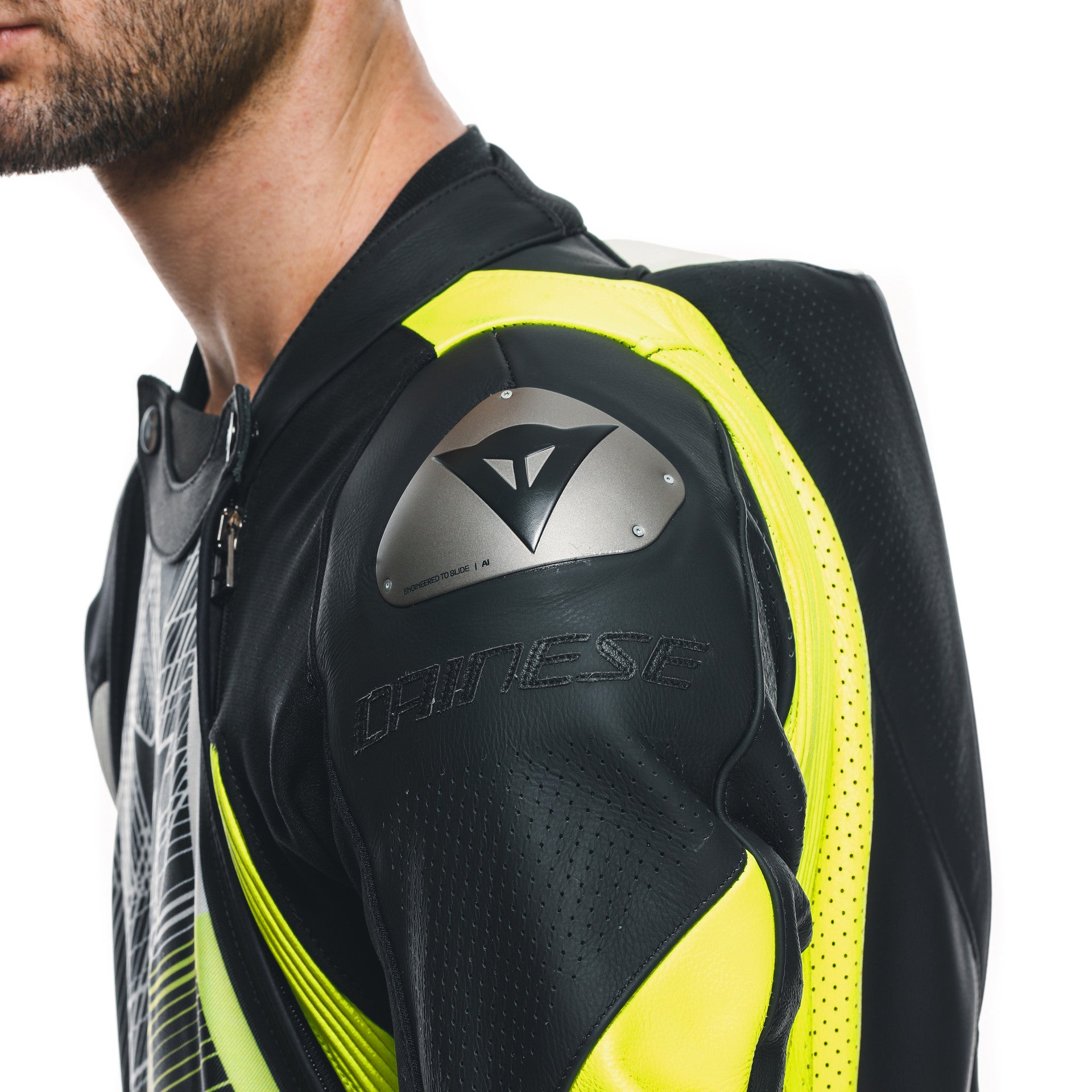 Traje de carreras de cuero de una pieza Dainese Audax D-ZIP | Hombres | Negro/Neon amarillo