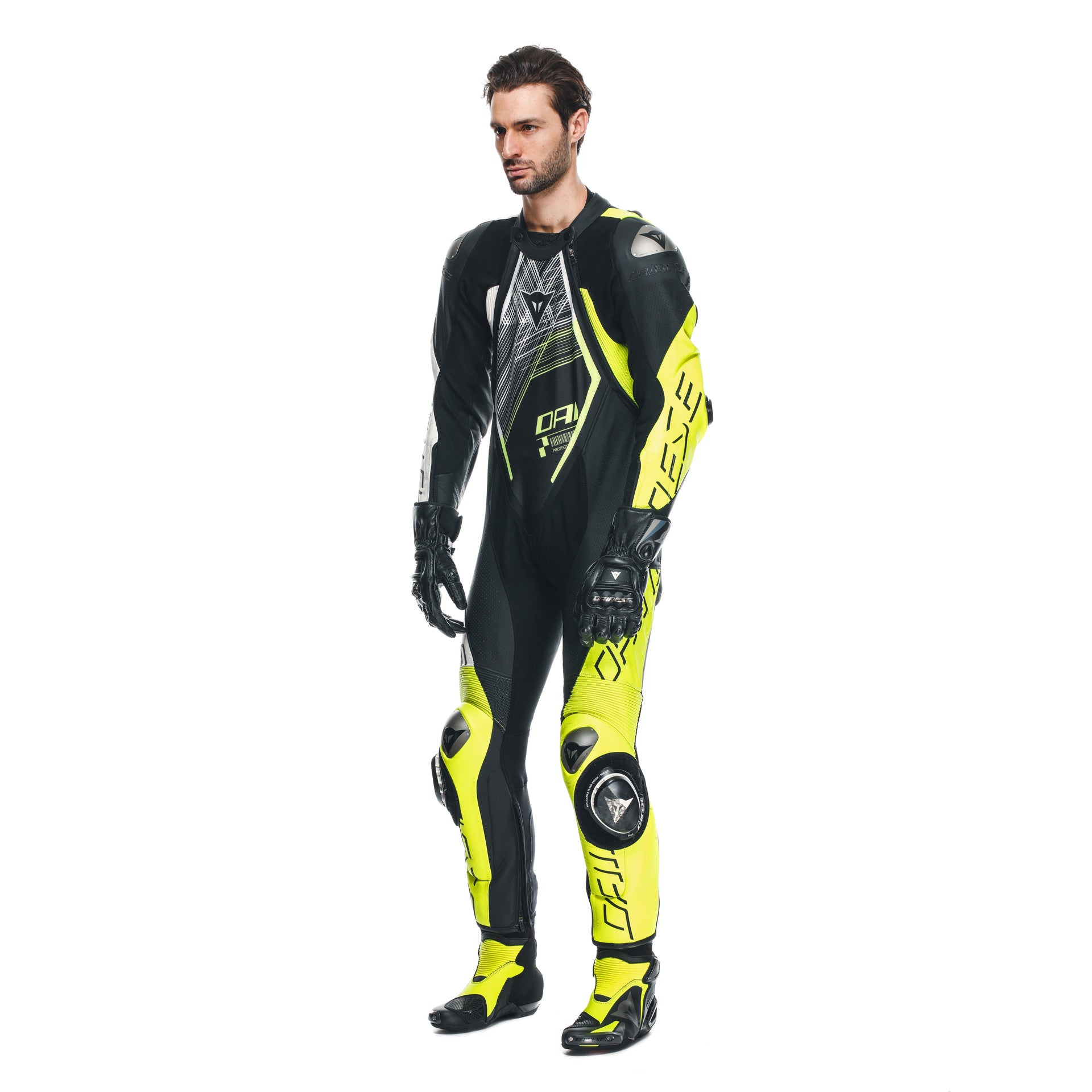 Traje de carreras de cuero de una pieza Dainese Audax D-ZIP | Hombres | Negro/Neon amarillo