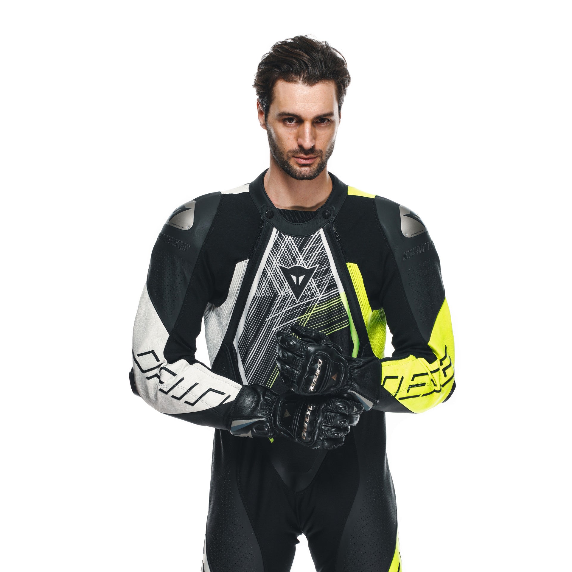 Traje de carreras de cuero de una pieza Dainese Audax D-ZIP | Hombres | Negro/Neon amarillo