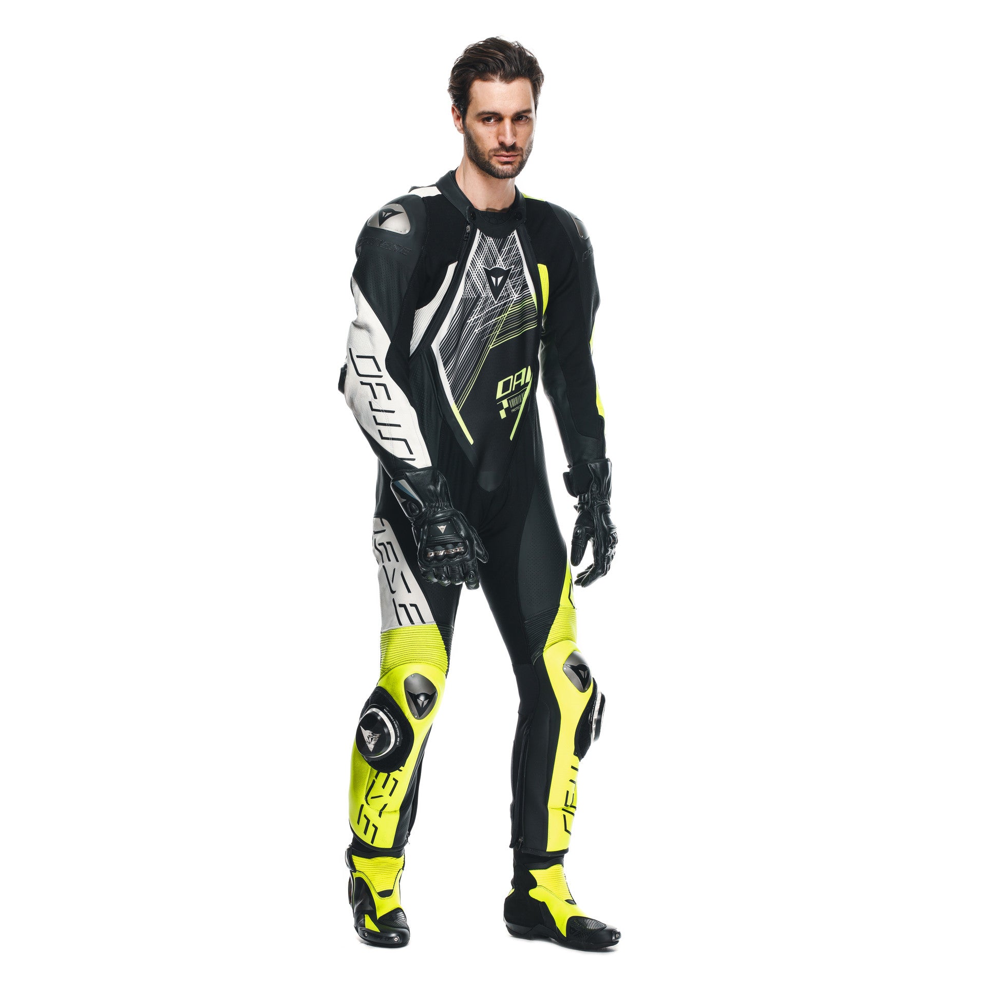 Traje de carreras de cuero de una pieza Dainese Audax D-ZIP | Hombres | Negro/Neon amarillo