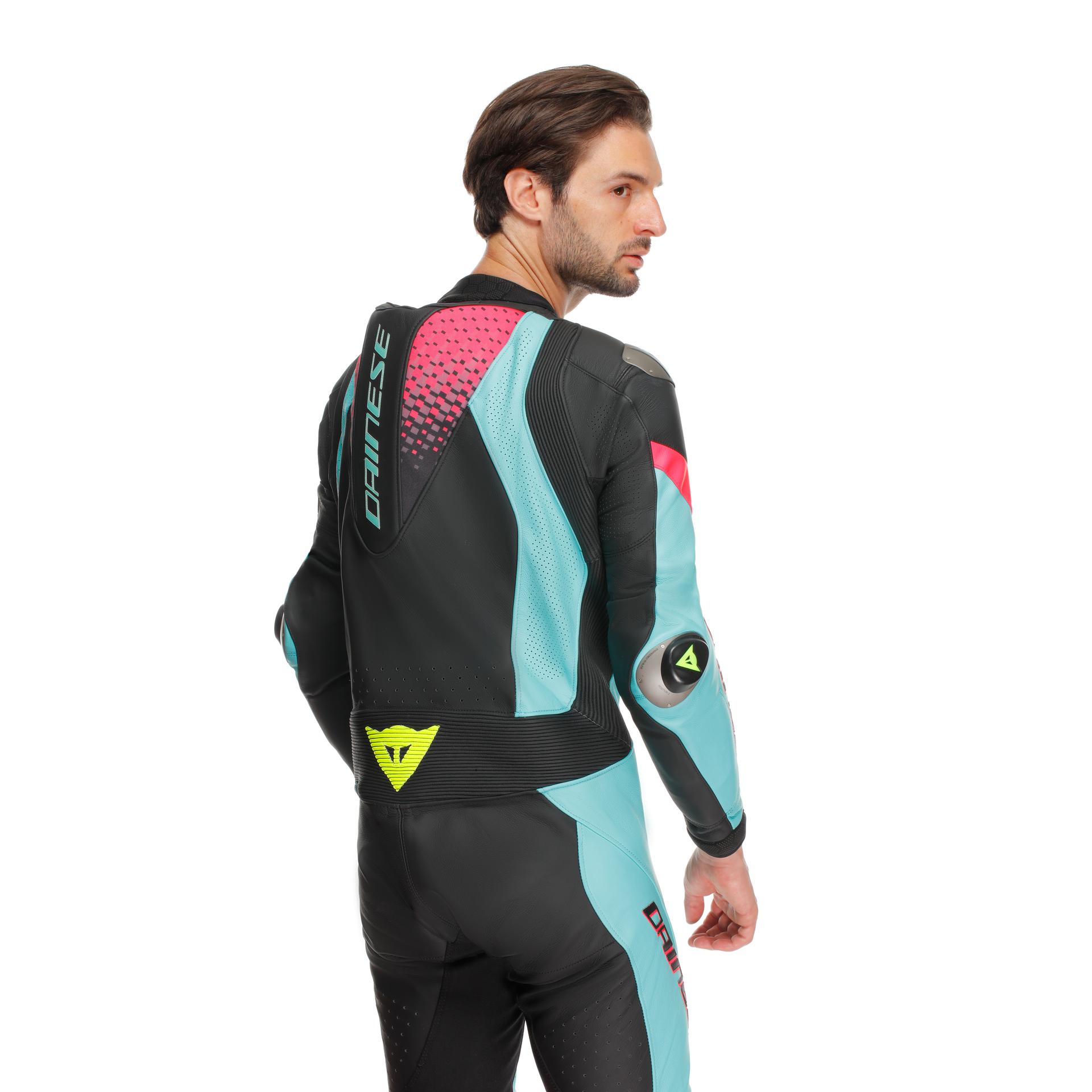 Dainese Laguna Seca 6 Einteiler Lederkombi – Perforierter Rennanzug | Herren | Türkis/Pink/Neon Gelb