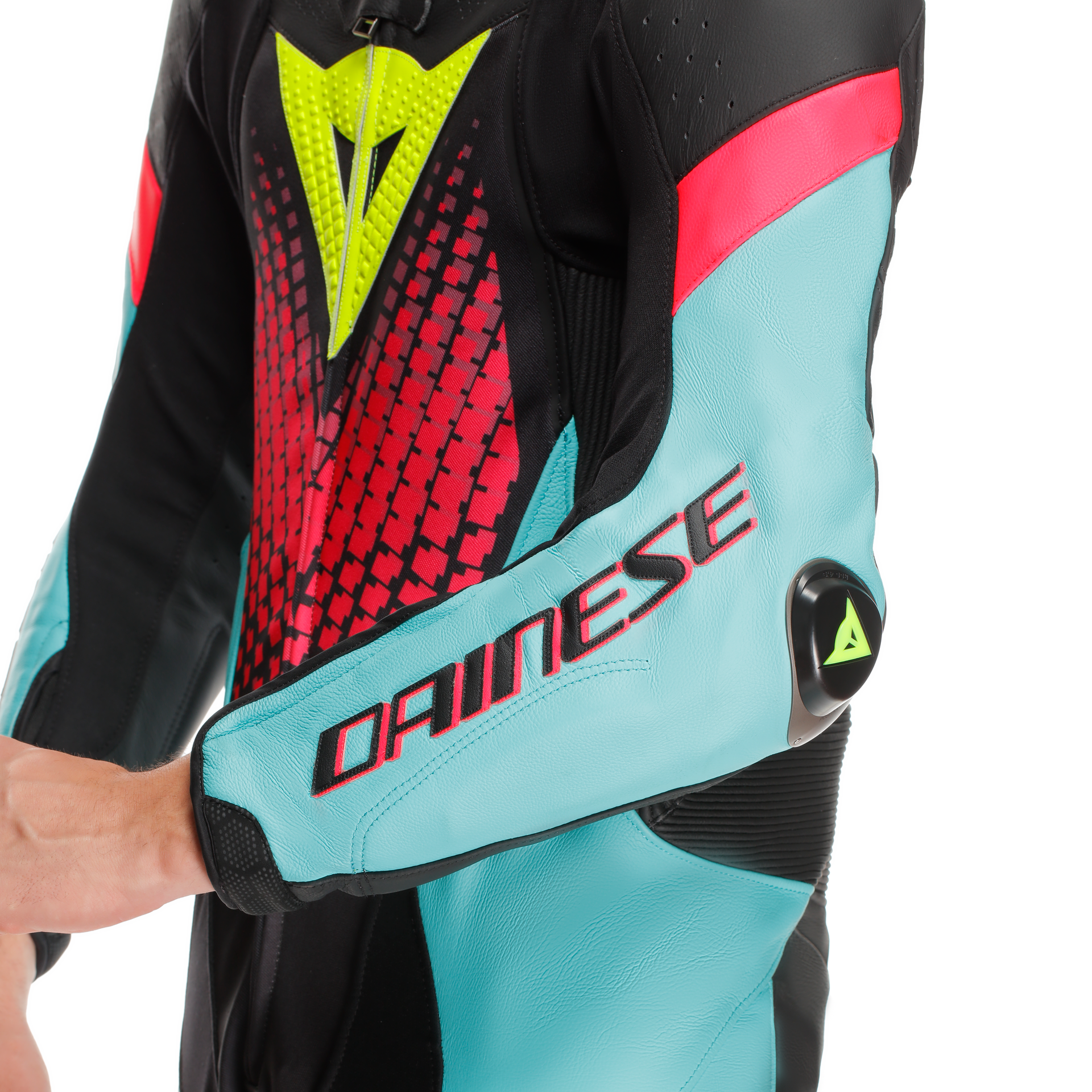 Dainese Laguna Seca 6 Einteiler Lederkombi – Perforierter Rennanzug | Herren | Türkis/Pink/Neon Gelb