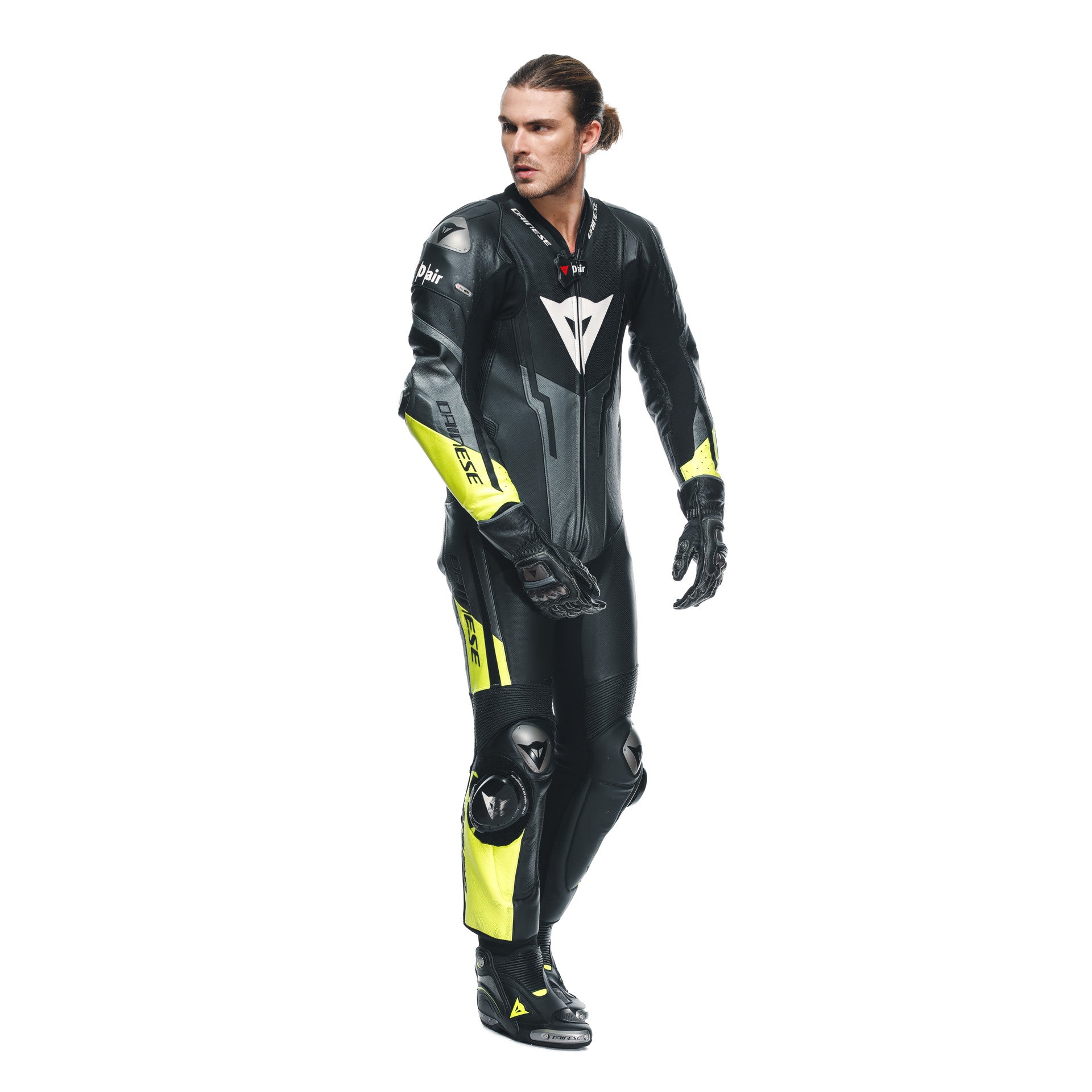 Dainese Misano 3 D-Air® Traje de carreras de airbag combinados de cuero de una pieza | Hombres | Negro/Neon amarillo