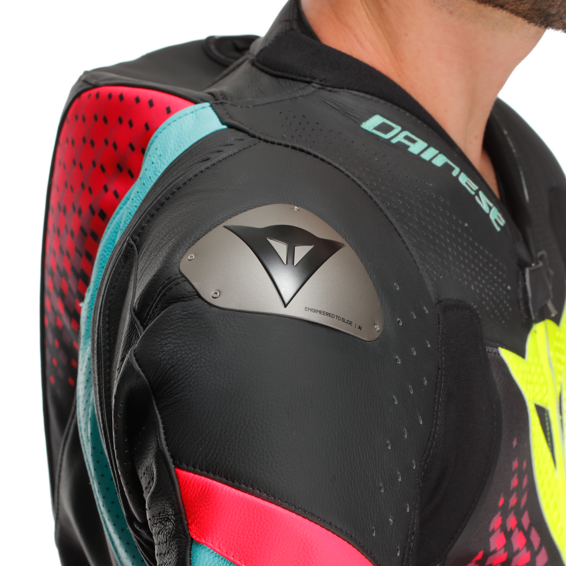 Dainese Laguna Seca 6 Einteiler Lederkombi – Perforierter Rennanzug | Herren | Türkis/Pink/Neon Gelb