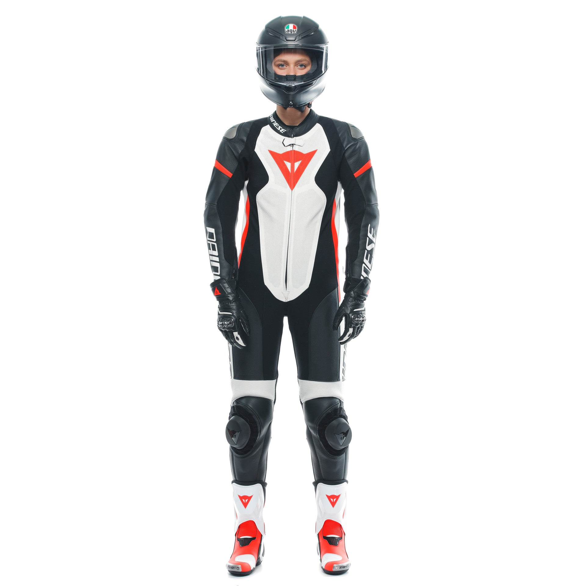 Dainese Grobnik Lady One -Piece Leather Combination - Traje de carreras perforados | Mujeres | Blanco/rojo