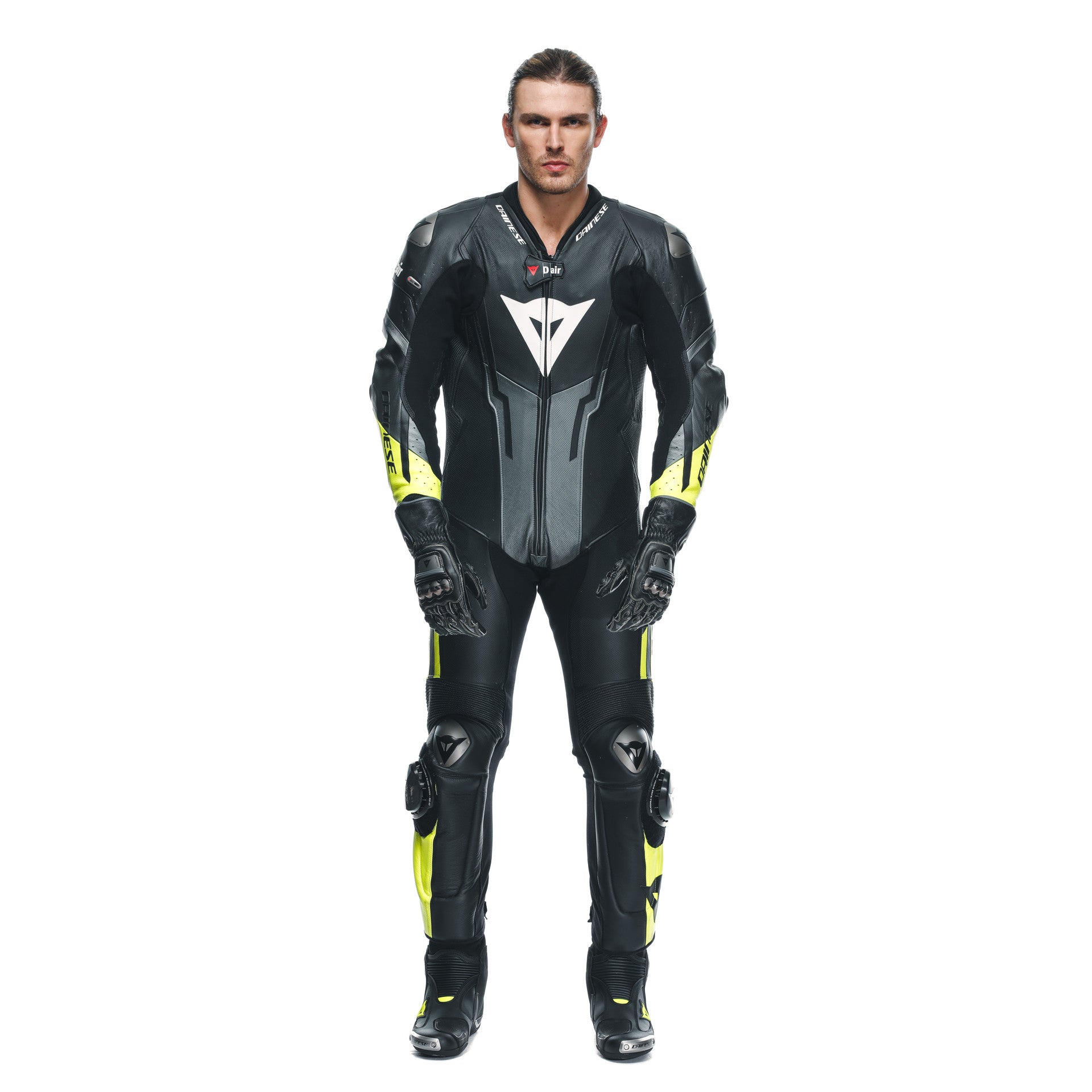 Dainese Misano 3 D-Air® Traje de carreras de airbag combinados de cuero de una pieza | Hombres | Negro/Neon amarillo