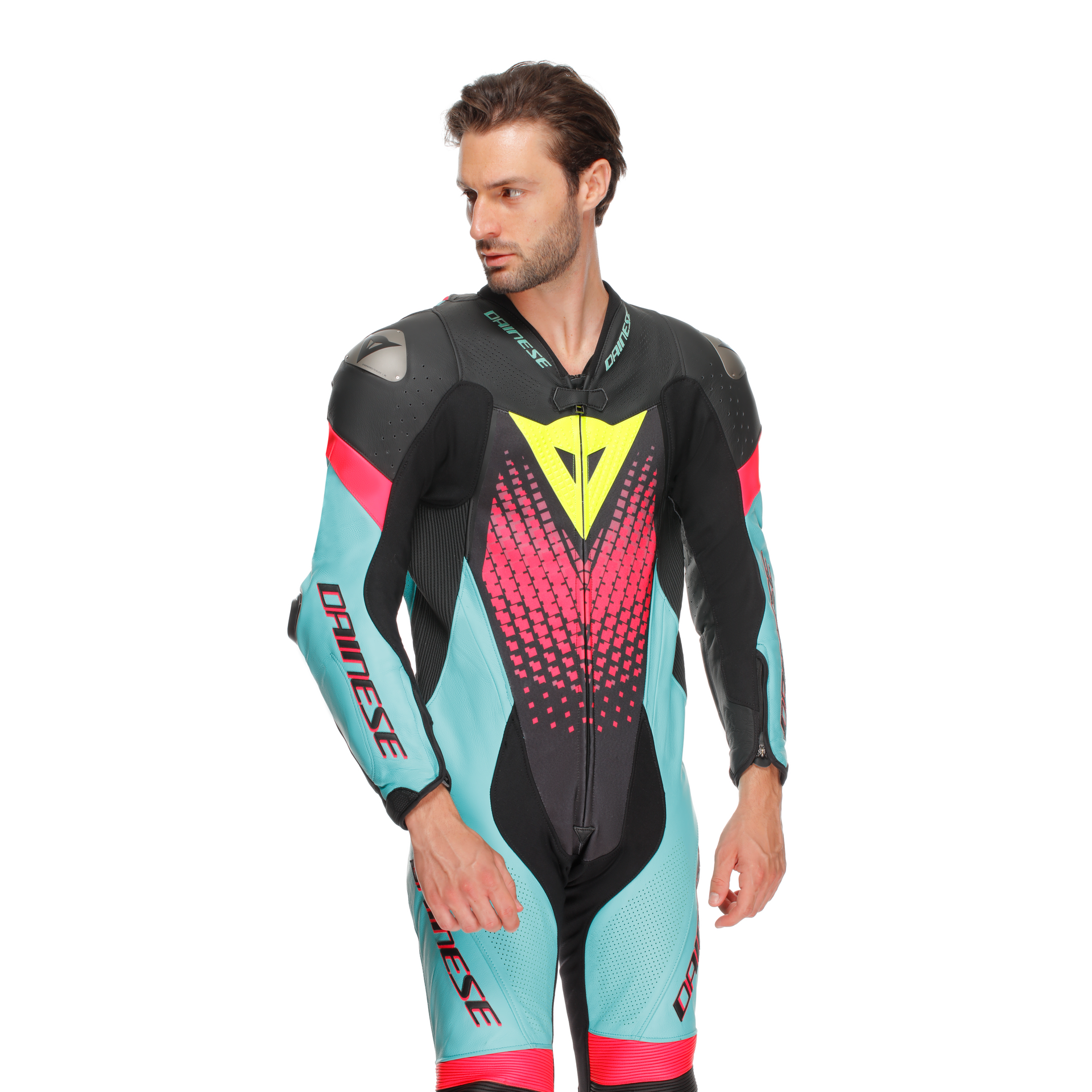 Dainese Laguna Seca 6 Einteiler Lederkombi – Perforierter Rennanzug | Herren | Türkis/Pink/Neon Gelb
