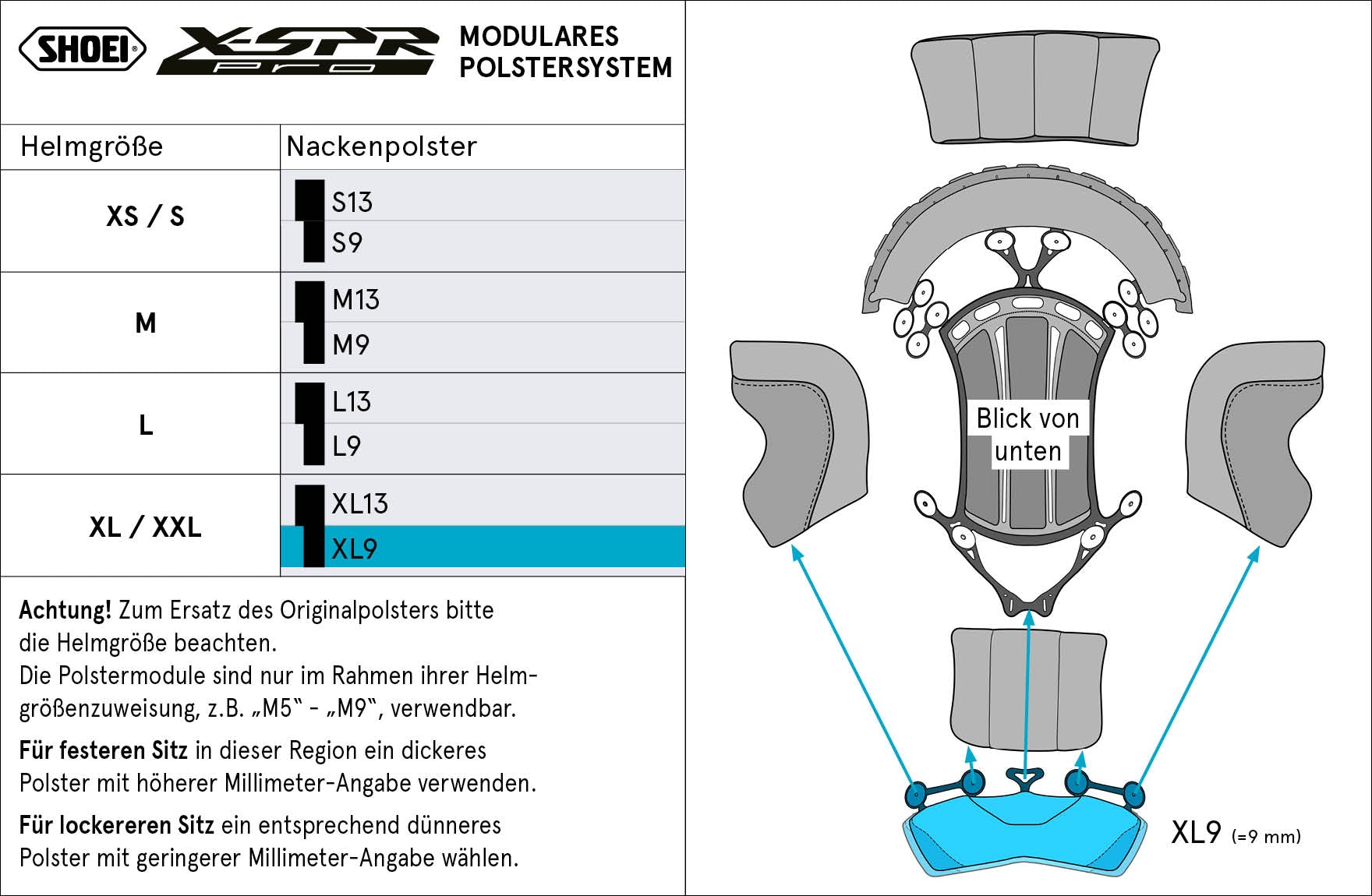 Shoei Head Cushion Nacks XL9 (XPro) Tipo-P para X-Srep Pro
