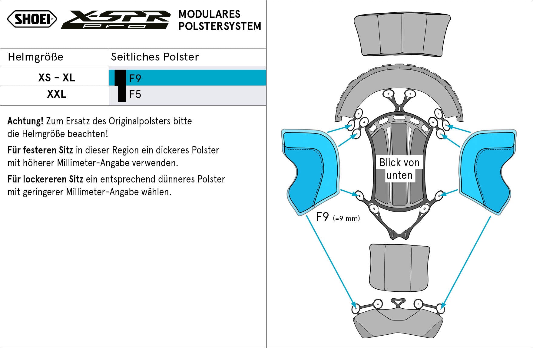 Cuscino per la testa di Shoei sul laterale F9 (XPRO) Type-P per X-SRE PRO