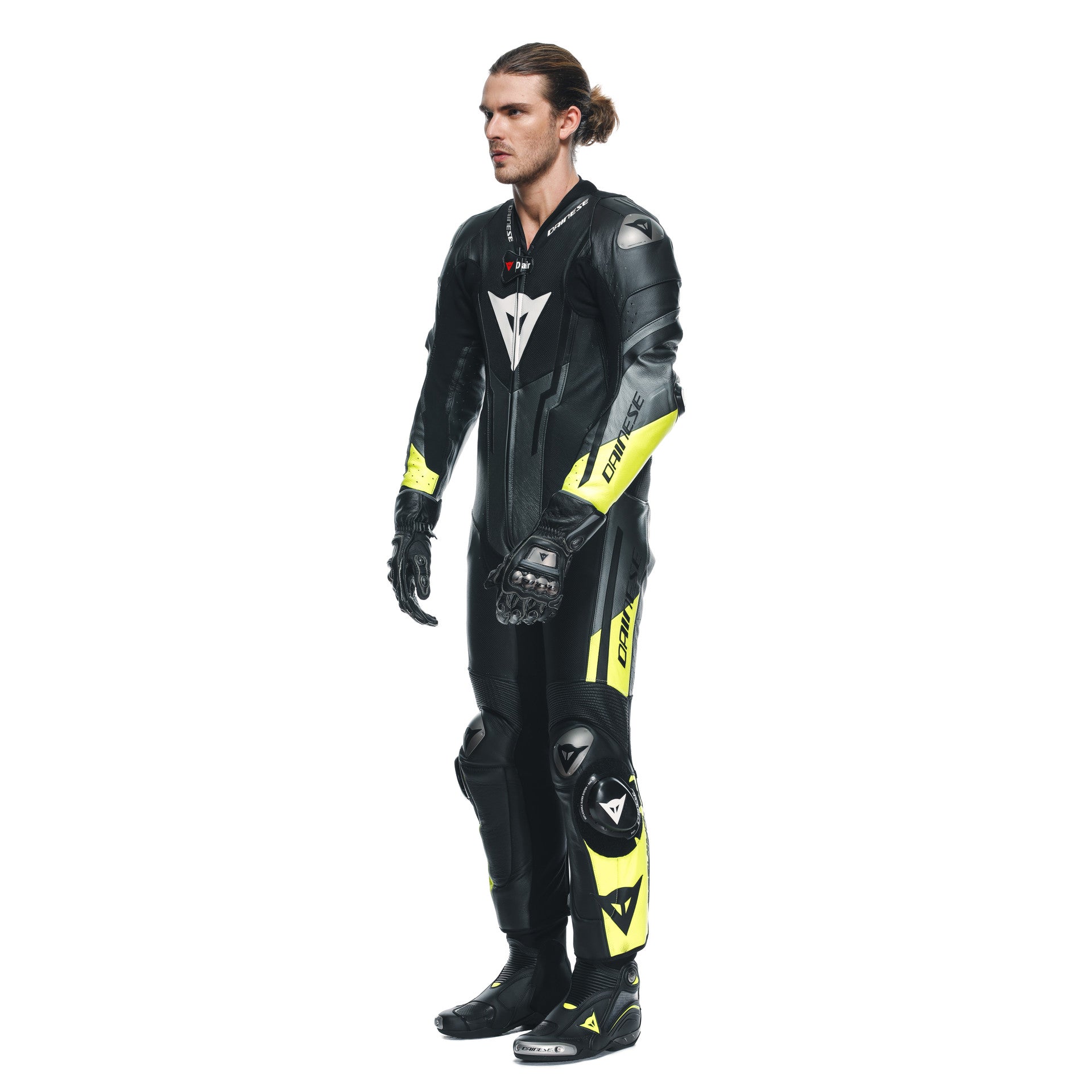Dainese Misano 3 D-Air® Traje de carreras de airbag combinados de cuero de una pieza | Hombres | Negro/Neon amarillo