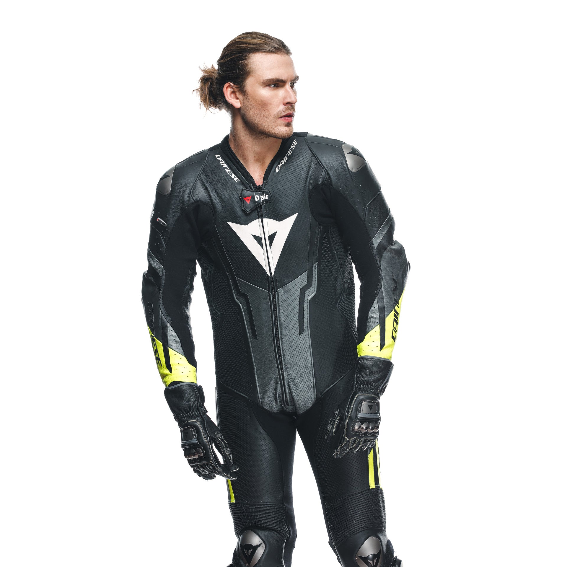 Dainese Misano 3 D-Air® Traje de carreras de airbag combinados de cuero de una pieza | Hombres | Negro/Neon amarillo