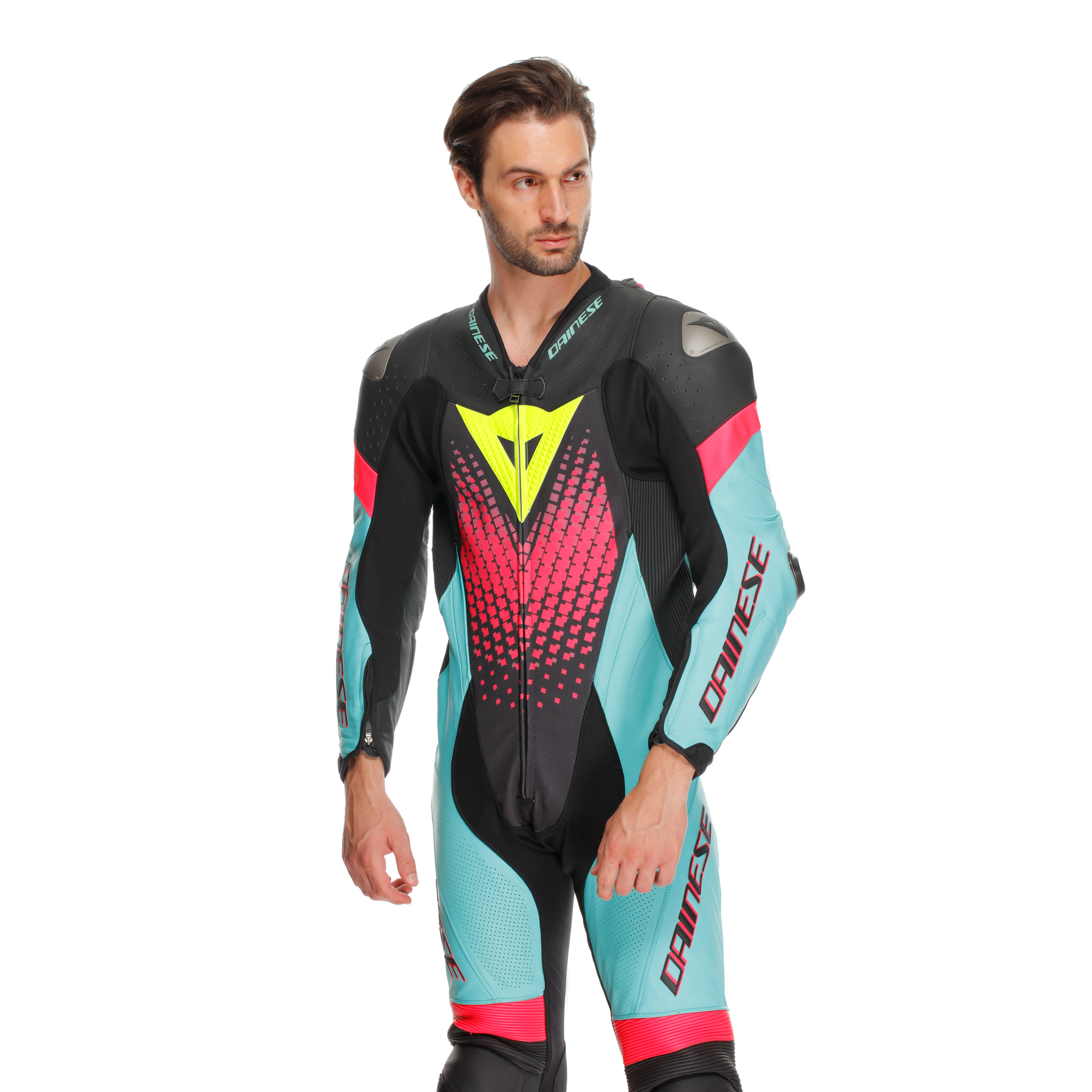 Dainese Laguna Seca 6 Einteiler Lederkombi – Perforierter Rennanzug | Herren | Türkis/Pink/Neon Gelb