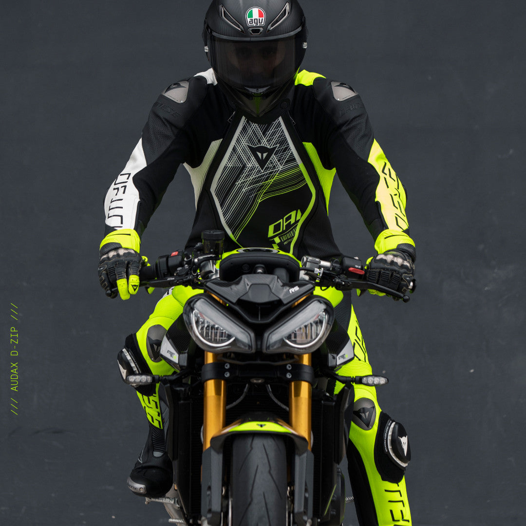 Traje de carreras de cuero de una pieza Dainese Audax D-ZIP | Hombres | Negro/Neon amarillo