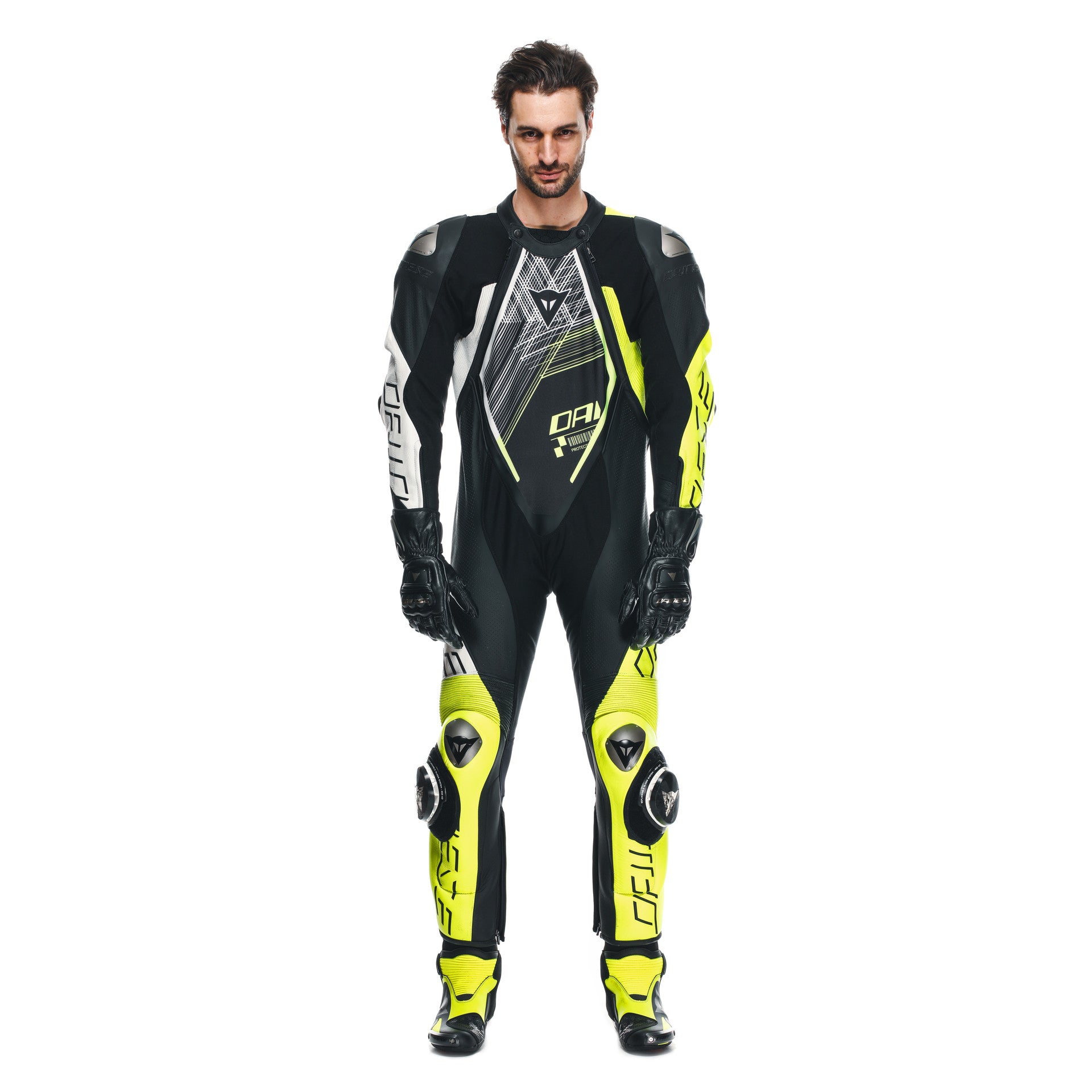 Traje de carreras de cuero de una pieza Dainese Audax D-ZIP | Hombres | Negro/Neon amarillo
