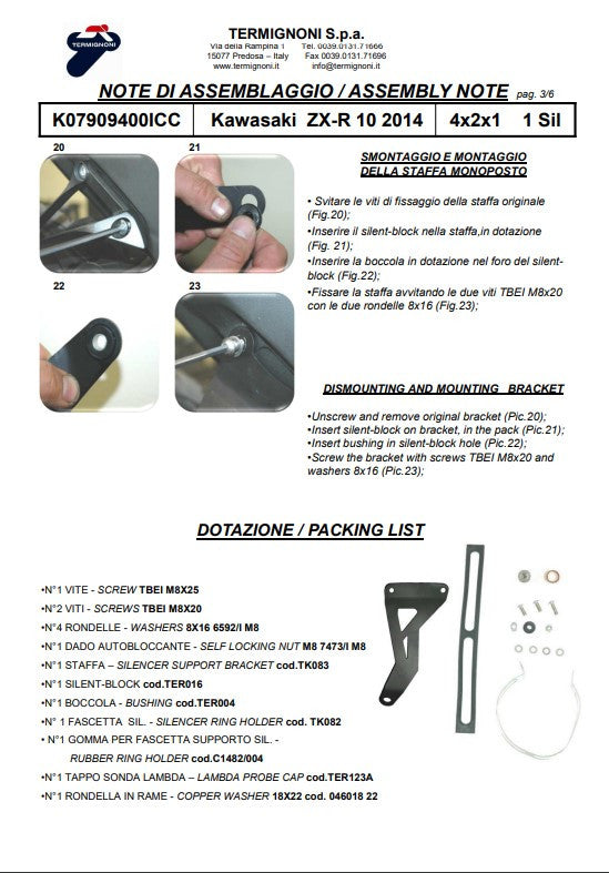 Termignoni Sistema completo in acciaio inossidabile Kawasaki ZX-10 R/RR (16-20) K07909400ICC