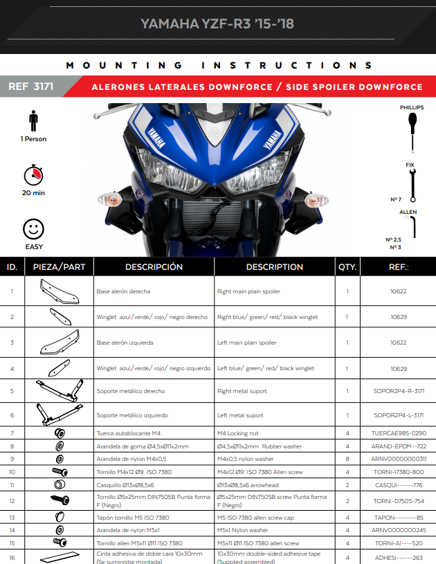 Puig Winglets Spoiler Downforce Yamaha YZF-R3 (15-18) 3171