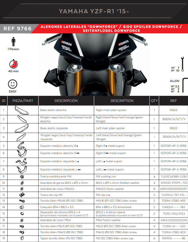 Spoiler de alerones Puig Winglets Downforce Yamaha YZF-R1/M RN32 RN49 (15-19) 9766