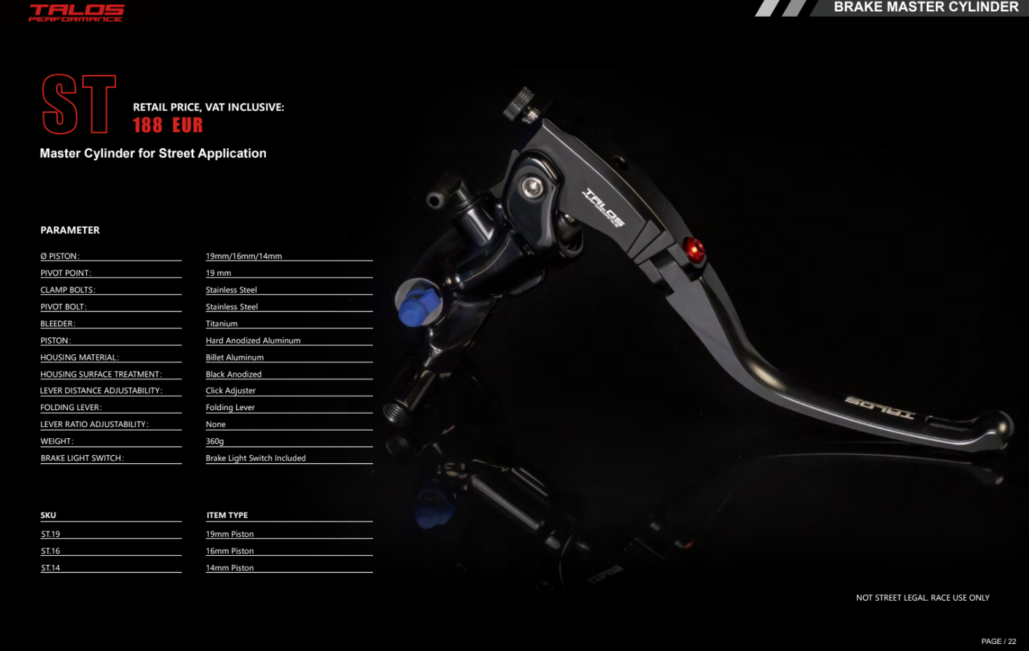 Talos CNC ST Radiale Racing Pompa freno 14mm| ST.14 