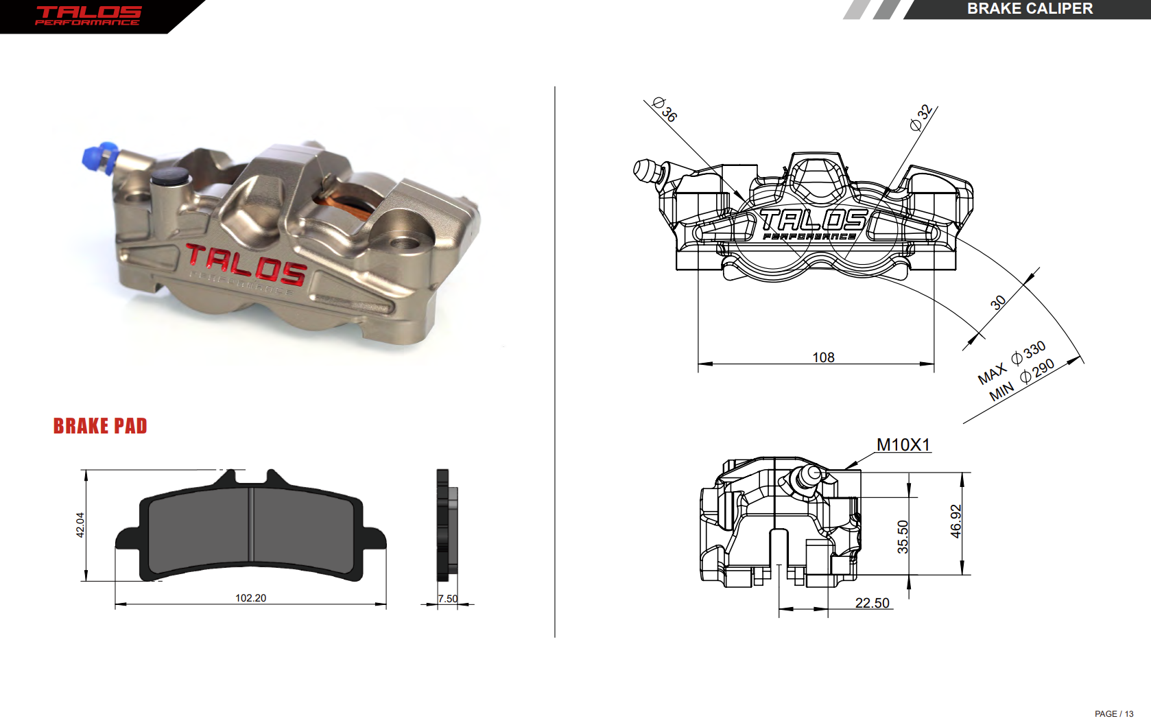 Talos X50 İki Parça P4 32/36 108mm Ön Sağ Fren Kaliper | X50.108.HD.R 