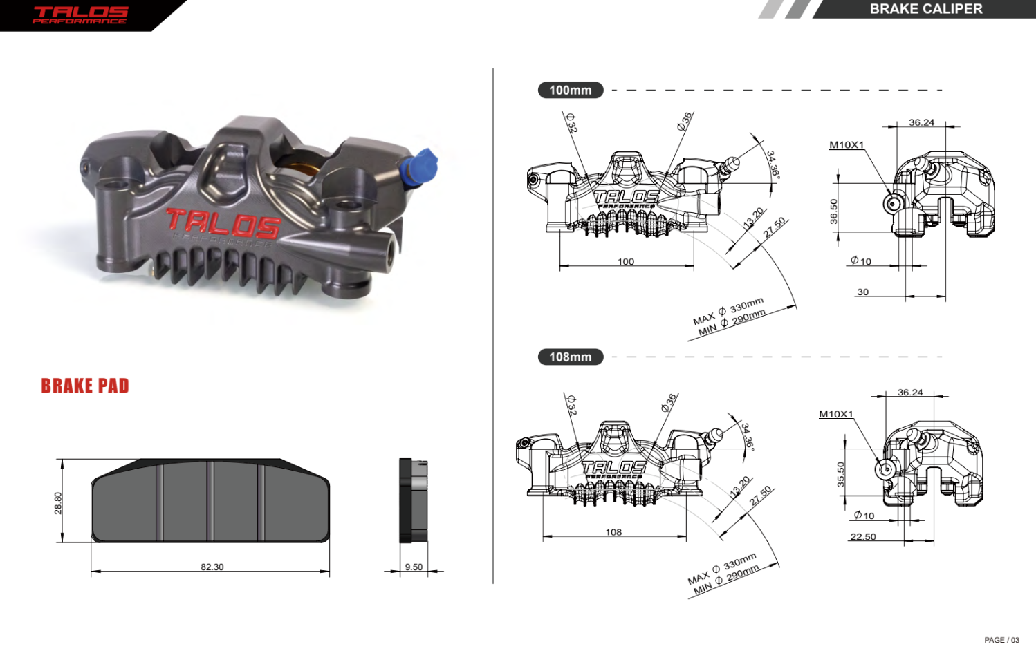 Talos X75 SBK Racing Monoblock P4 32/36 108mm Pinça de Travão Frontal Esquerda | X75.108.HD.L 