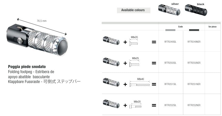 LighTech pièce de rechange repose-pieds pliable 76,5 mm – Argent/Noir | RFTR249-252 