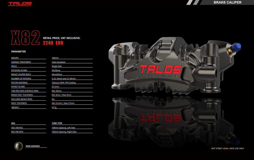 TALOS X82 SBK Racing Monoblock P4 34/38 108mm Brake Caliper Front Right | X82.108.DL.R 