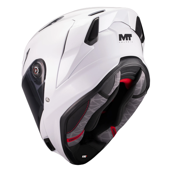 MT-Helmets KRE 2 Pure A0 Integralhelm in Weiß glänzend — Dreiviertelansicht von hinten mit Innenausstattung