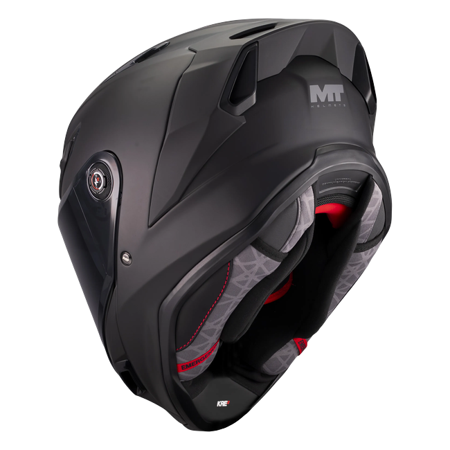 MT-Helmets KRE 2 Pure A1 Integralhelm in Schwarz matt — Dreiviertelansicht von hinten mit Innenausstattung
