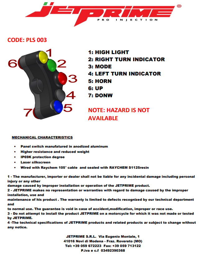 Lenkerschalter Street links JetPrime Yamaha YZF-R1/M RN32 RN49 (15-19) JP PLS 003