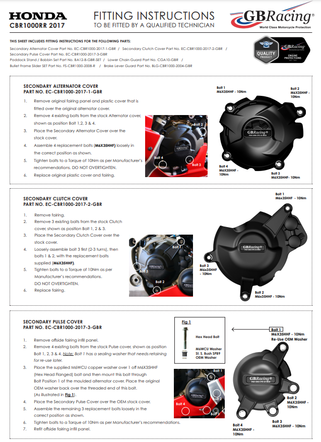 Avvistamento Machine Protettore Copertura protettiva GBracing Honda CBR 1000 RR SC77 (17-19)