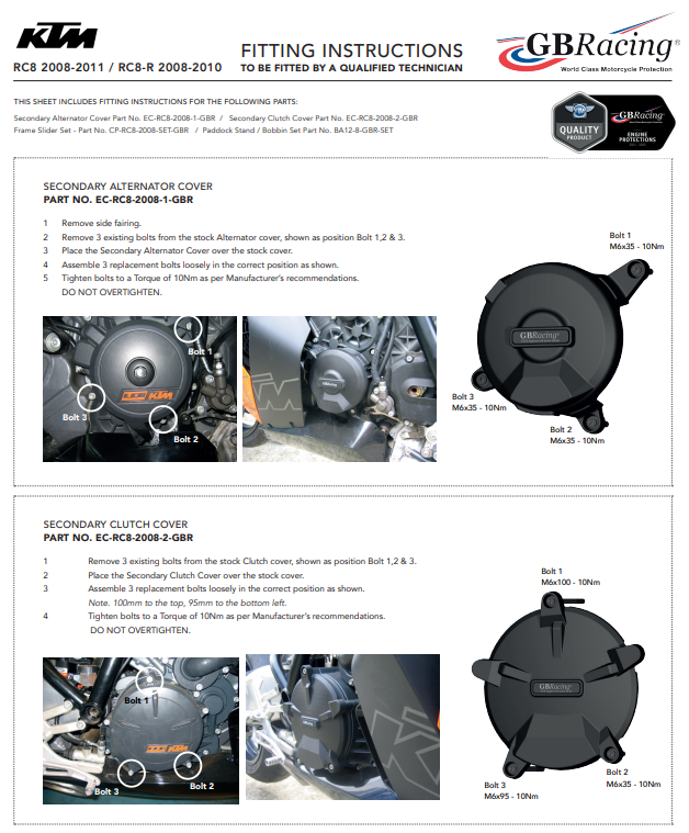 Motordeckel Protektoren Komplettset GBRacing KTM RC8/R 1190 (08-10)