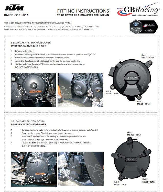 Conjunto completo de tampa de motor Proteções GBRacing KTM RC8/R 1190 (11-16) 